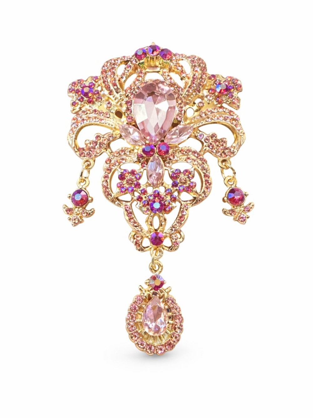Vintage Style Pink Rhinestone‎ Statement Brooch Gold Tone Dangle Large NEW